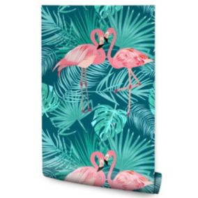 Papier Peint Intissé Pour La Chambre FLAMANTS Feuilles Tropicales Nature