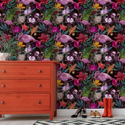 Papier Peint Intissé Pour Salon FLEURS Flamants Feuilles
