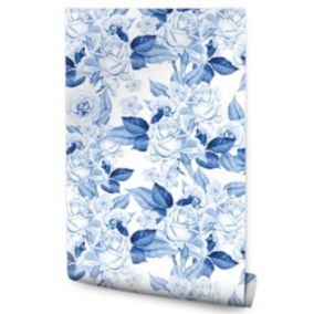 Papier Peint Intissé Pour Salon ROSES Fleurs Feuilles Bleu