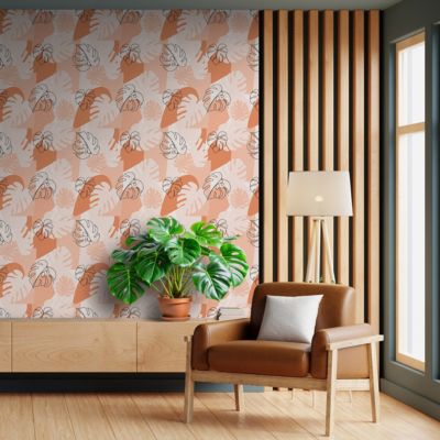 Papier peint intissé pré-encollé - ART MODERNE FEUILLES DE MONSTERA ORANGE - 1 rouleau de 300x60cm