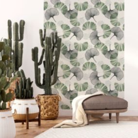 Papier peint intissé pré-encollé - FEUILLES DE GINKGO GRIS VERT - 1 rouleau de 300x60cm