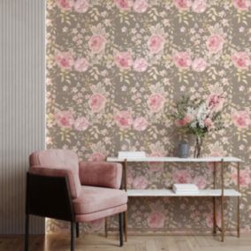 Papier peint intissé pré-encollé - FLEURS VINTAGE ROSE PIVOINES GRIS - 1 rouleau de 300x60cm