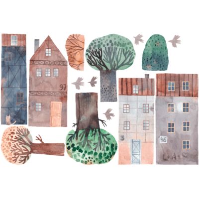 Papier peint intissé pré-encollé fresques géantes - ENFANT MAISONS EN AQUARELLES - 90x135cm