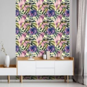 Papier peint intissé pré-encollé - TROPICAL FLEURS ROSES ET VIOLETTES - 1 rouleau de 300x60cm