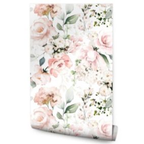 Papier Peint Intissé ROSES Fleurs Feuilles Aquarelle Pour Salon