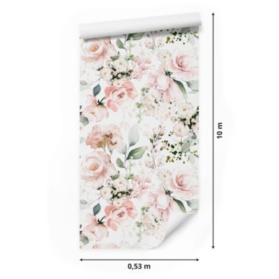 Papier Peint Intissé ROSES Fleurs Feuilles Aquarelle Pour Salon