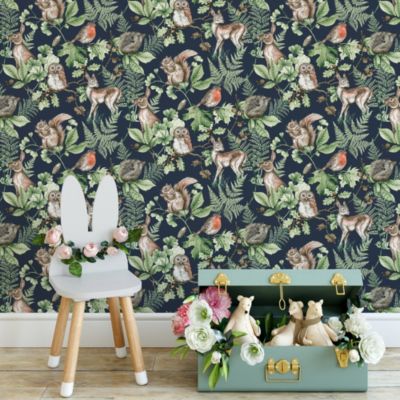 Papier peint intissé Animaux de la Forêt L.1000 x l.53cm bleu vert, bleu, marron