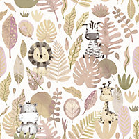Papier peint intissé Babyland 2 Lutece mat et satiné animaux, savane, enfant rose, beige, taupe, blanc l.1005 x l.53 cm