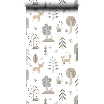 Papier peint intissé Babyland 2 Lutece mat et satiné dans les bois, animaux, enfants gris, taupe, beige, blanc l.1005 x l.53 cm