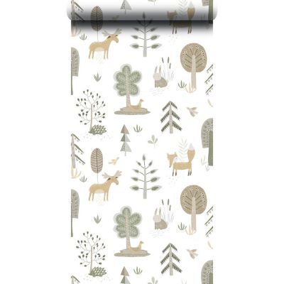 Papier peint intissé Babyland 2 Lutece mat et satiné dans les bois, animaux, enfants vert, marron, gris, blanc l.1005 x l.53 cm