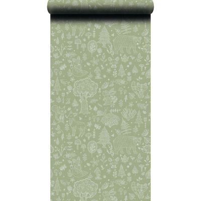 Papier peint intissé Babyland 2 Lutece mat et satiné enfant, animaux vert, blanc l.1005 x l.53 cm