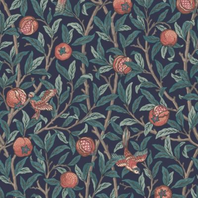 Papier peint intissé Bird pomegranate bleu marine, corail L.1000 x l.52cm William Morris
