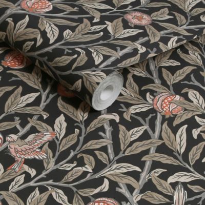 Papier peint intissé Bird & pomegranate charcoal imprimé fleurs vert L.1000 x l.52cm William Morris