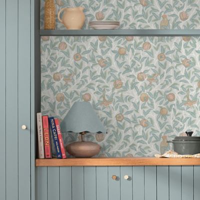 Papier peint intissé Bird & pomegranate duck egg imprimé fleurs vert L.1000 x l.52cm William Morris