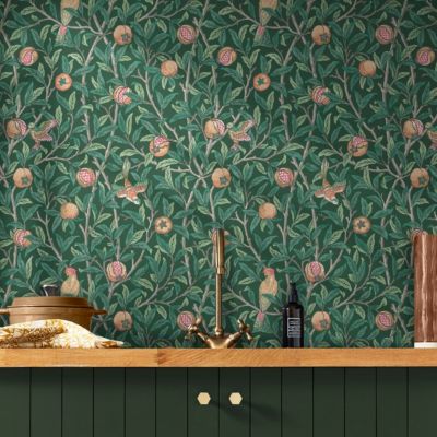 Papier peint intissé Bird & pomegranate imprimé fleurs, oiseaux vert L.1000 x l.52cm William Morris