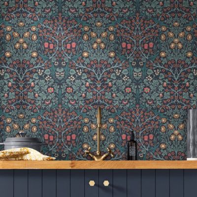 Papier peint intissé Blackthorn navy imprimé nature vert L.1000 x l.52cm William Morris