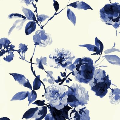 Papier peint intissé Boho bloom imprimé fleurs bleues sur fond blanc L.1000 x l.52cm Joules