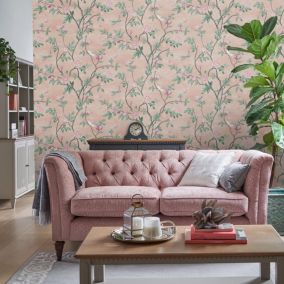 Papier peint intissé Eglantine imprimé fleurs d'eglantine rose L.1000 x l.52cm Laura Ashley