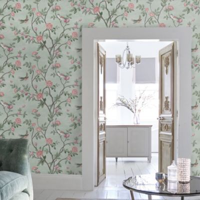 Papier peint intissé Eglantine imprimé fleurs d'eglantine vert L.1000 x l.52cm Laura Ashley