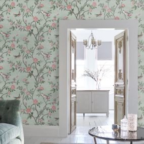 Papier peint intissé Eglantine imprimé fleurs d'eglantine vert L.1000 x l.52cm Laura Ashley