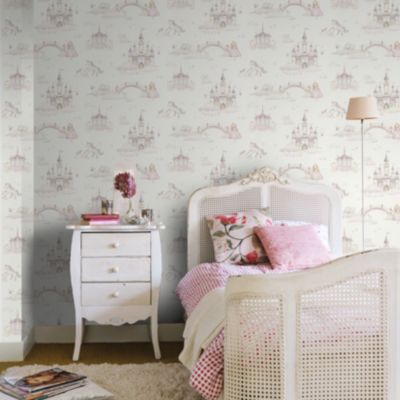 Papier peint intissé enfant château de princesse rose et beige L.1005 x l.53 cm Rasch