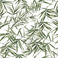 Papier Peint intissé Feuilles de Bambou vert blanc L.1005 x l.52cm