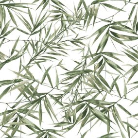 Papier Peint intissé Feuilles de Bambou vert blanc L.1005 x l.52cm