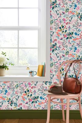 Papier peint intissé Fields edge floral imprimé fleurs multicouleurs sur fond blanc L.1000 x l.52cm Joules