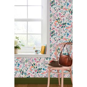 Papier peint intissé Fields edge floral imprimé fleurs multicouleurs sur fond blanc L.1000 x l.52cm Joules