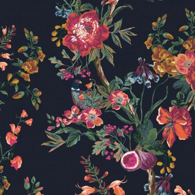 Papier peint intissé Forest Chinoiserie imprimé fleurs multicouleurs sur fond noir L.1000 x l.52cm Joules