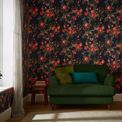 Papier peint intissé Forest Chinoiserie imprimé fleurs multicouleurs sur fond noir L.1000 x l.52cm Joules