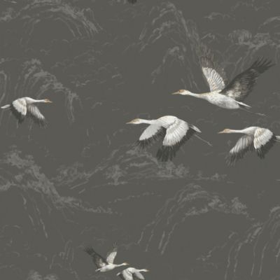 Papier peint intissé Grue animalia imprimé oiseaux gris foncé L.1000 x l.52cm Laura Ashley