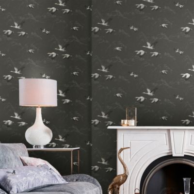 Papier peint intissé Grue animalia imprimé oiseaux gris foncé L.1000 x l.52cm Laura Ashley