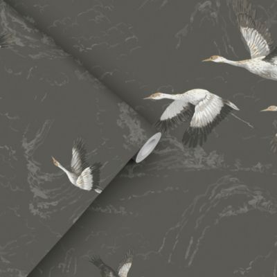 Papier peint intissé Grue animalia imprimé oiseaux gris foncé L.1000 x l.52cm Laura Ashley