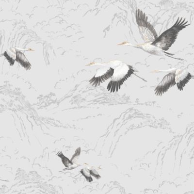 Papier peint intissé Grue animalia imprimé oiseaux gris L.1000 x l.52cm Laura Ashley