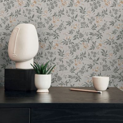 Papier peint intissé Heritage imprimé fleurs gris foncé, gris clair l.1005 x l.53cm Lutèce