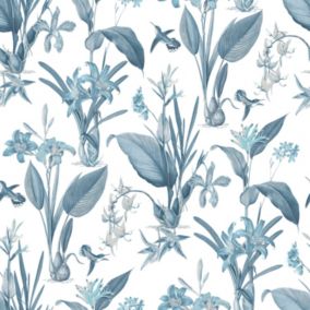 Papier peint intissé Jardin Secret Lutece mat et satiné fleurs bleu, blanc l.1000 x l.53 cm