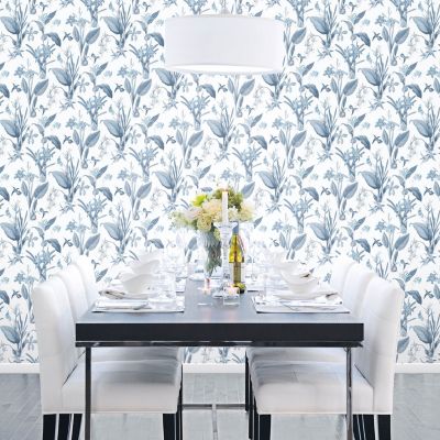Papier peint intissé Jardin Secret Lutece mat et satiné fleurs bleu, blanc l.1000 x l.53 cm