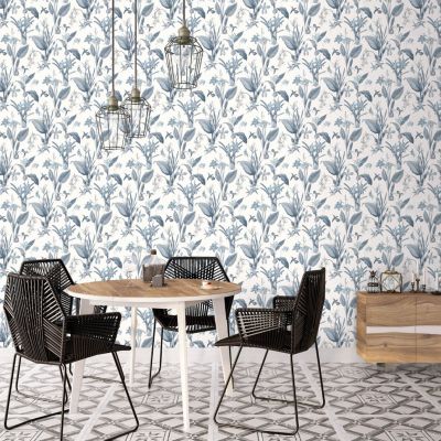 Papier peint intissé Jardin Secret Lutece mat et satiné fleurs bleu, blanc l.1000 x l.53 cm