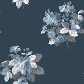 Papier peint intissé Jardin Secret Lutece mat et satiné fleurs bleu, bleu nuit l.1000 x l.53 cm