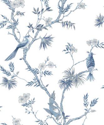 Papier peint intissé Jardin Secret Lutece mat et satiné fleurs, oiseaux exotique bleu, blanc l.1000 x l.53 cm