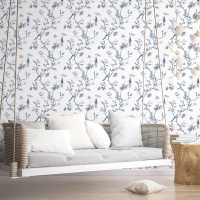 Papier peint intissé Jardin Secret Lutece mat et satiné fleurs, oiseaux exotique bleu, blanc l.1000 x l.53 cm