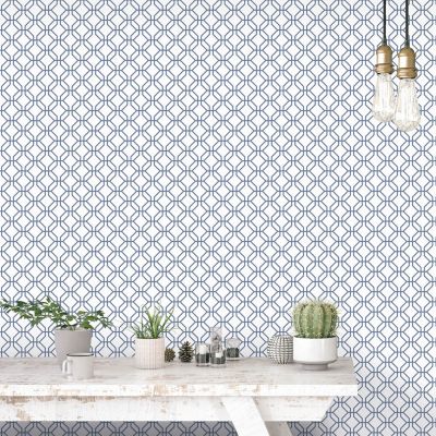 Papier peint intissé Jardin Secret Lutece mat et satiné hexagone bleu, blanc l.1000 x l.53 cm
