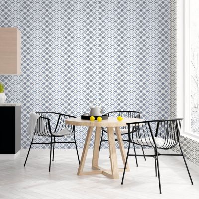 Papier peint intissé Jardin Secret Lutece mat et satiné hexagone bleu, blanc l.1000 x l.53 cm