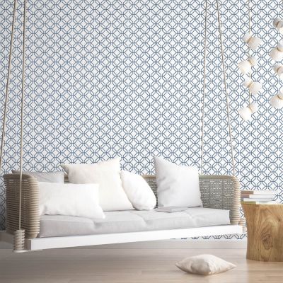 Papier peint intissé Jardin Secret Lutece mat et satiné hexagone bleu, blanc l.1000 x l.53 cm