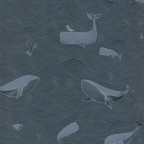 Papier peint intissé Lalala Lutece mat et satiné baleine, océan, mer, enfant bleu acier l.1005 x l.53 cm