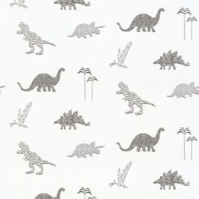 Papier peint intissé Lalala Lutece mat et satiné dinosaures, enfant blanc, noir l.1005 x l.53 cm