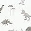 Papier peint intissé Lalala Lutece mat et satiné dinosaures, enfant blanc, noir l.1005 x l.53 cm