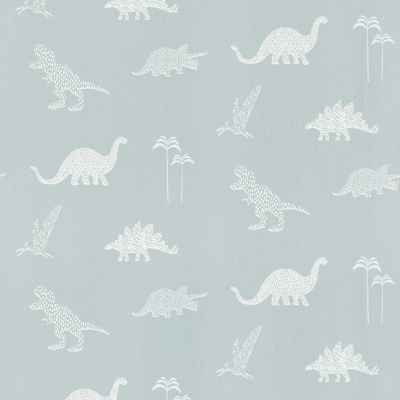 Papier peint intissé Lalala Lutece mat et satiné dinosaures, enfant bleu, vert de gris, blanc l.1005 x l.53 cm