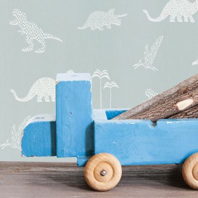 Papier peint intissé Lalala Lutece mat et satiné dinosaures, enfant bleu, vert de gris, blanc l.1005 x l.53 cm